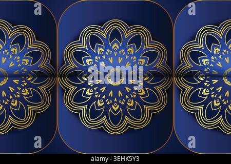 Elegant Dark Blue Background With Glowing Gold Mandala Artwork Stock Vector