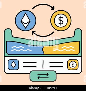 Abstract vector illustration of fiat currency dollar converting to digital crypto tokens with fluid wave diagrams for online banking trade market and Stock Vector