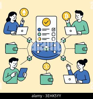 Group of diverse creative people collaborating online using laptops and smartphone connected to a central database node for international remote offic Stock Vector