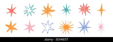 Star crayon set for kids isolated on white background. Colorful wax crayons for drawing, creativity, school education. Cute art supplies for children, preschool and kindergarten. Vector illustration Stock Vector