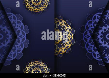 Deep Blue Background With Symmetrical Gold And Blue Mandala Pattern Stock Vector