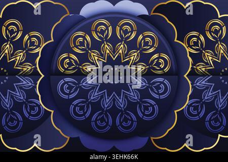 Symmetrical Gold Mandala Artwork On Deep Blue Decorative Background Stock Vector