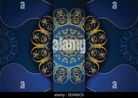 Elegant Blue And Gold Mandala Pattern With Geometric Frame Elements Stock Vector