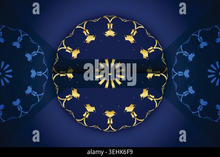 Elegant Navy Blue Background With Detailed Gold Floral Mandala Design Stock Vector