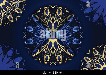 Ornate Gold And Blue Mandala Pattern With Diagonal Symmetrical Layout Stock Vector