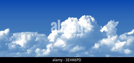 Dotted halftone clouds on blue sky background, vector white textured retro abstract cloudscape for collages Stock Vector