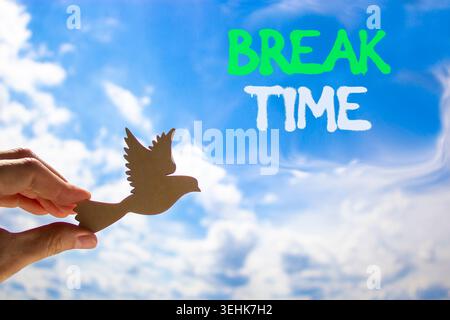 Break time symbol. Concept word Break time on beautiful blue sky. Businessman's hand with wooden bird. Beautiful blue sky and cloud background. Busine Stock Photo