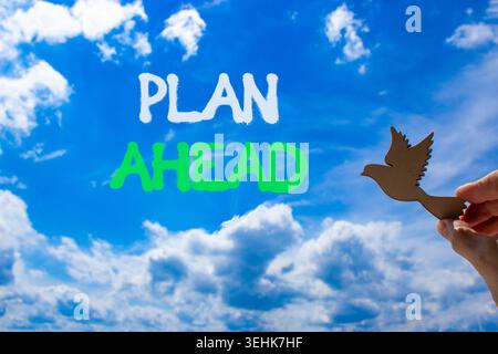 Plan ahead symbol. Concept word Plan ahead on beautiful blue sky. Businessman's hand with wooden bird. Beautiful blue sky and cloud background. Busine Stock Photo