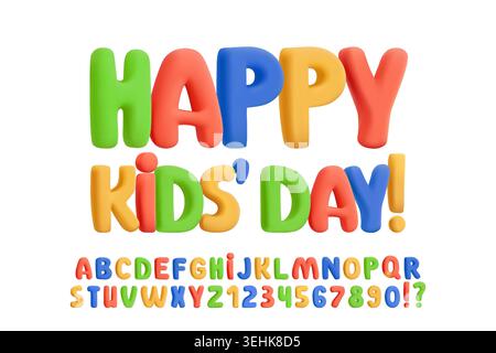3D inflated balloon font, glossy blue red, green yellow bright letters. Playful typography, candy alphabet, cute childish chubby numbers. Fun colorful Stock Vector