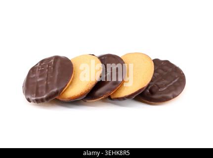 Digestive cookies half covered with dark chocolate on white background Stock Photo