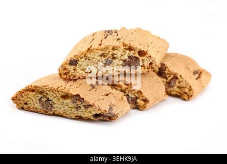 Cantucci, also known as Biscotti, italian almond cookies from Tuscany, with chocolate chips. White background. Stock Photo