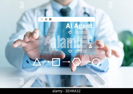 Healthcare professional interacts with a futuristic AI agent dashboard, showing automation workflow, chatbot assistants, medical innovation, data proc Stock Photo