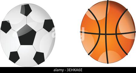 Two distinct sports balls, a classic black and white soccer ball and an orange basketball, side by side on a white background. Stock Vector