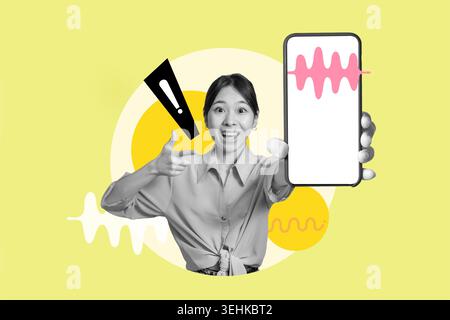 Exciting Collage of a Person Showing a Smartphone in a Creative Design With Bright Colors Stock Photo