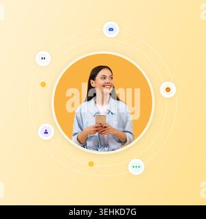 Young Woman Using Smartphone With Social Media Icons in Background Showing Digital Communication Stock Photo