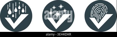 Glass cleaning agent flat icons - pictograms set - dust, fingerprints and water drios removal function - emblems for household chemicals Stock Vector