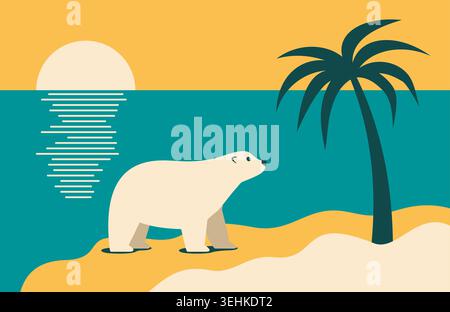 Climate change, global warming concept. Polar white bear standing on a sand beach and looking at palm tree. Vector illustration. Stock Vector