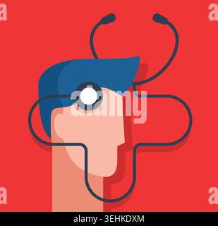 Mental health Design. for Greeting Card, Poster and Banner abstract head of person and stethoscope in form of medical cross. Psychology Stock Vector