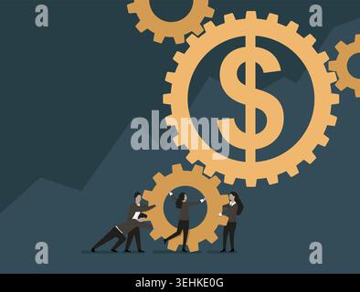 Economics and financial management concept - people team work group holds and rises big money symbol dollar - isolated vector illustration Stock Vector