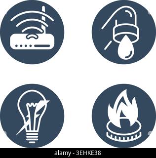Technical building system flat monochrome icons - electricity, gasification, water supply and internet router - vector signs for site Stock Vector
