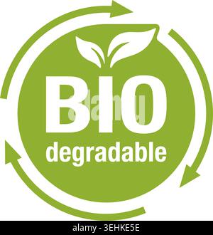 Biodegradable plastic circular sign - eco friendly compostable material production, environment protection emblem with arrows and leaves Stock Vector