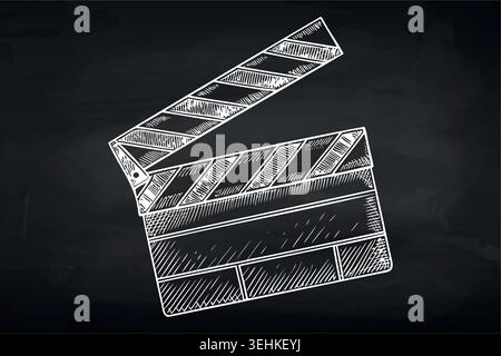 Chalk sketch of movie clapperboard on blackboard background Stock Vector