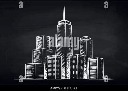 Chalk sketch of New York skyline on blackboard background Stock Vector