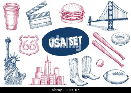 USA culture icon set with burger bridge baseball and Statue of Liberty symbols Stock Vector