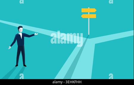 Correct decision chosing - confused man character standing on the crossroads and looking at signpost with two different directions - Stock Vector