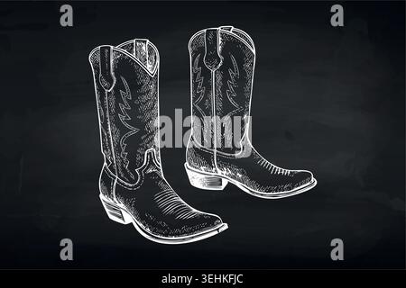 Chalk drawn cowboy boots on blackboard background Stock Vector