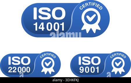Iso 9001, 14001 and 22000 certified horizontal badges set - quality management system international standard emblems set - isolated vector Stock Vector