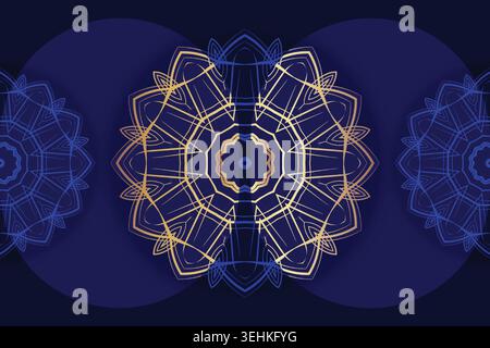 Golden Central Mandala With Symmetrical Blue Side Mandalas On Deep Background Stock Vector