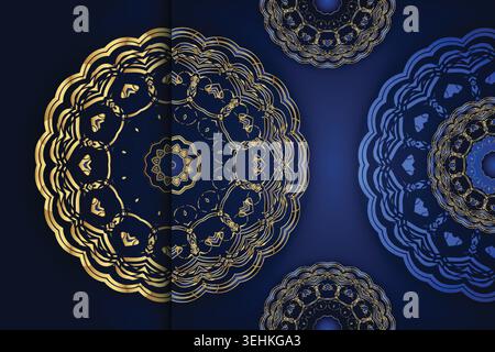 Modern Glowing Mandala Pattern With Symmetrical Blue And Gold Motifs Stock Vector