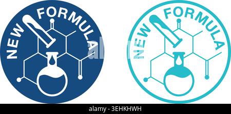 New Formula flat blue badge in circular form with molecular cell and test tubes - isolated vector sticker for packaging information Stock Vector