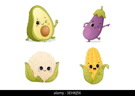 Cute vegetable characters set with avocado eggplant cauliflower and corn in kawaii cartoon style Stock Vector