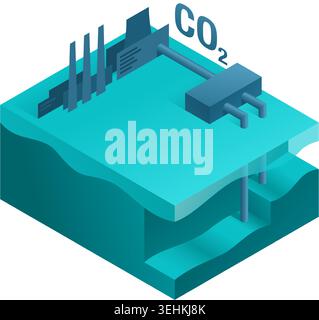 Underground Storage of Carbon Dioxide - Carbon Capture, Utilization and Storage Technologies. Isometric vector illustration Stock Vector