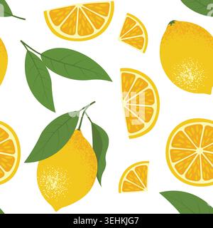 Tropical seamless pattern with yellow lemon branches and slices. Citrus Fruit background. Flat style Vector Illustration Stock Vector