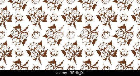Seamless cotton plant pattern in flat style. Botanical drawing of cotton flower and leaves wallpaper. Nature concept. Brown and white illustration. Stock Vector