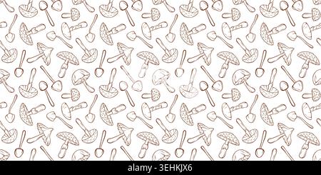 Seamless pattern with inedible mushroom in line art style. Kitchen utensil and nature food concept illustration for fabric print, wrapping paper. Stock Vector