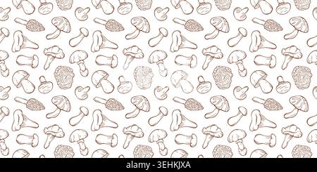 Seamless pattern with line art style edible mushroom. Autumn forest food illustration for kitchen textile, fabric, paper, wrap. Stock Vector