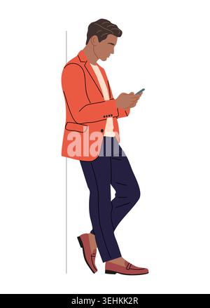 Man in orange blazer walks, engrossed in phone Stock Vector