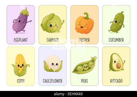 Cute vegetable character flashcards showing different garden vegetables with names designed for children learning and educational use in kawaii cartoo Stock Vector