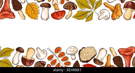 Hand drawn vintage style mushroom and autumn leaf border. Forest harvest and fall season concept. Illustration for banner, poster, card, design. Stock Vector