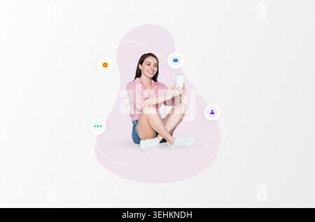 Woman Sits on Floor Using Smartphone Surrounded by Icons Representing Communication Stock Photo