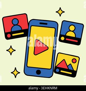 Smartphone screen playing video content surrounded by photo frames avatars and star symbols representing modern social network multimedia sharing inte Stock Vector