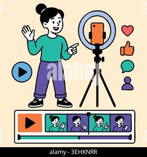 Young man standing in front of smartphone camera on tripod showing video creation process timeline filters and feedback icons for digital social media Stock Vector