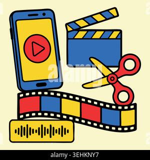 Creative linear icon showing smartphone screen with video editor timeline clapperboard scissors and color film strip for digital media content product Stock Vector