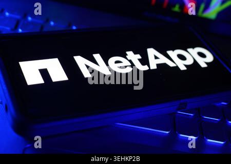 NetApp Data Storage Corporation Logo Displayed On Screen With Financial Stock Chart Background And Vibrant LED Lighting Stock Photo