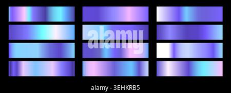 A set of bright holographic gradients. Vector collection of purple, pink and blue gradients for chrome button, ribbon, metal frame, border, label Stock Vector