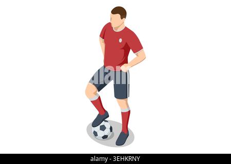 isometric football player in red uniform stand with foot on ball on isolated background, showing soccer confidence, pre match pose and sport Stock Vector